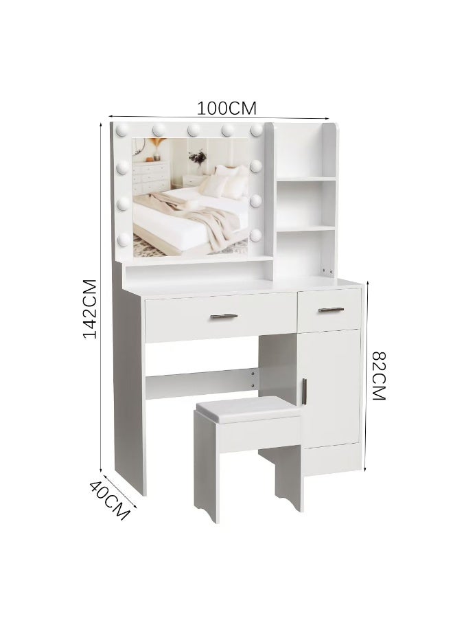 Organized Home Vanity Table with Lighted Mirror and Stool White Makeup Desk with Storage Shelves Cabinet and Drawers - Image 5